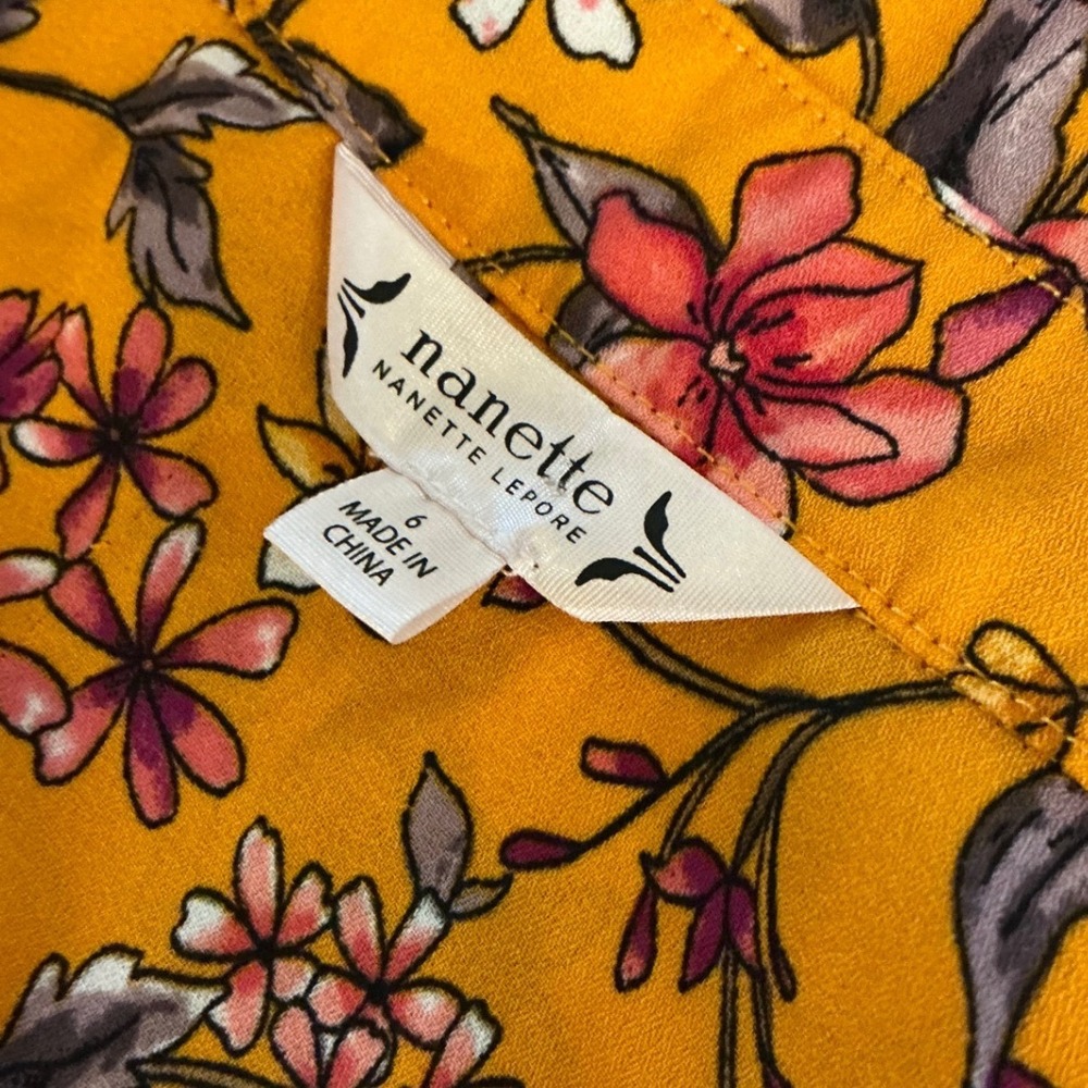 Nanette Nanette Lepore Floral Midi‎ Dress 6 Mustard Yellow Pleated Fit Flare - Picture 5 of 16